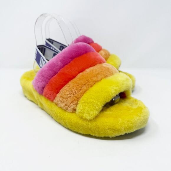 Ugg Yellow Orange Pink Ombre Fluff Yeah Shearling Slippers Women's Size 7 EUC - Picture 1 of 9